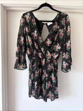 Everly Black Floral Shorts Romper with Red and White Roses